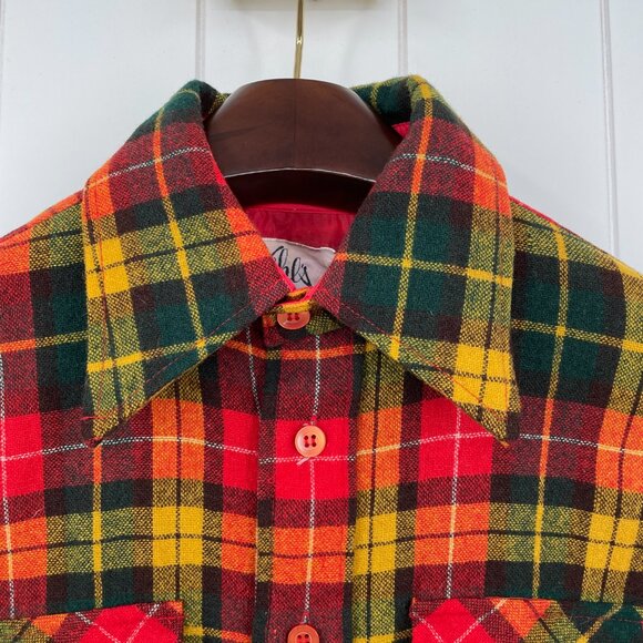 Vintage 70s Kohls Holiday Xmas Wool Plaid Button Down Shirt Dagger Collar | L/XL - Picture 7 of 16